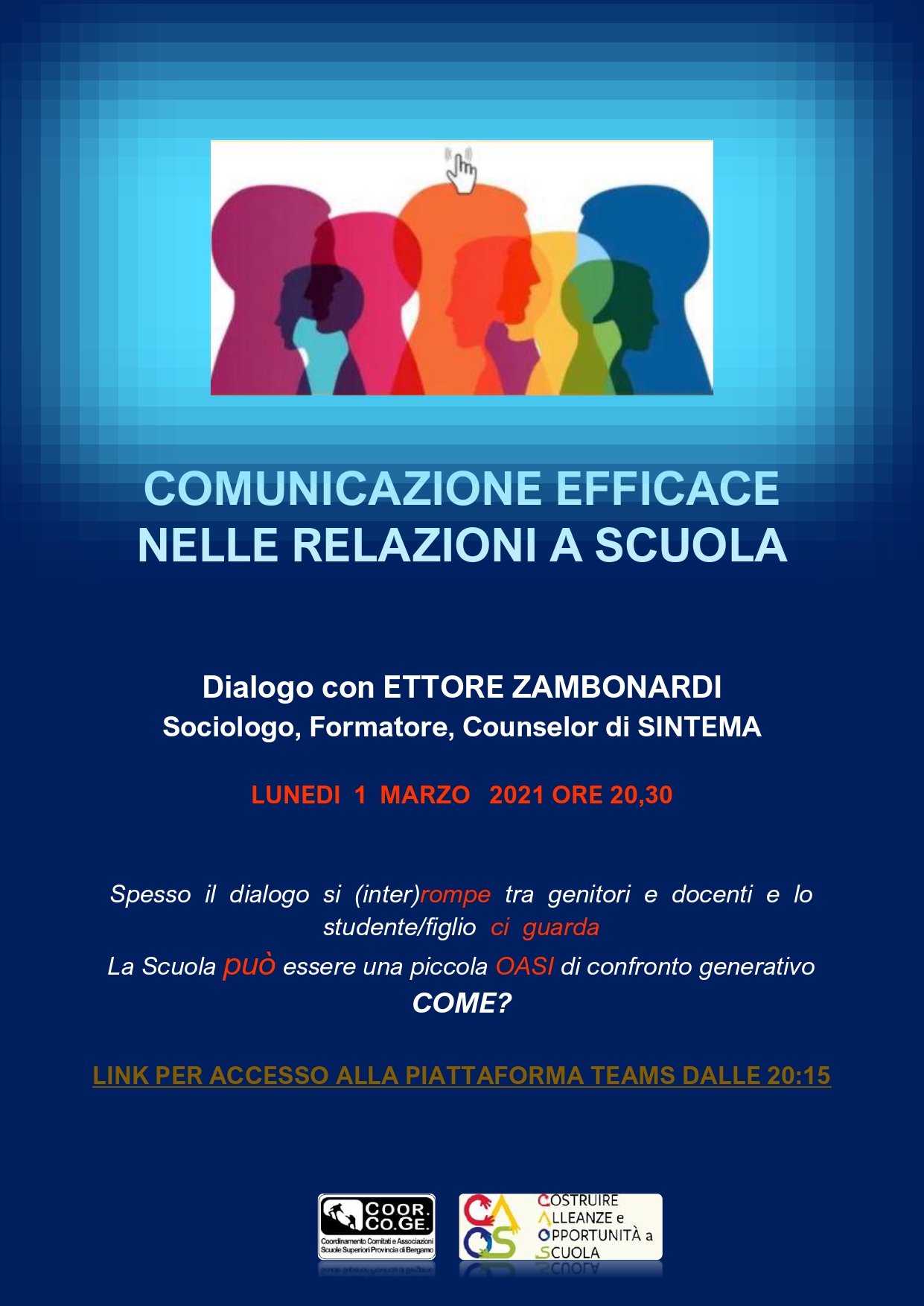 Locandina dell'incontro Comunicazione efficace nelle relazioni a scuola