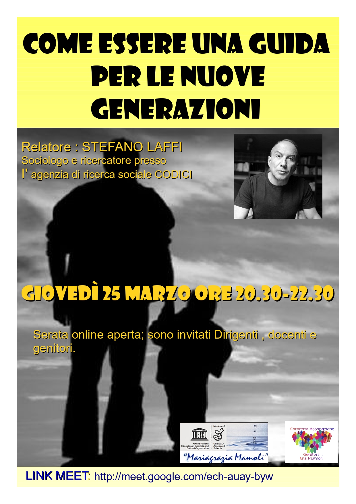 Locandina dell'incontro "Come essere una guida per le nuove generazioni"