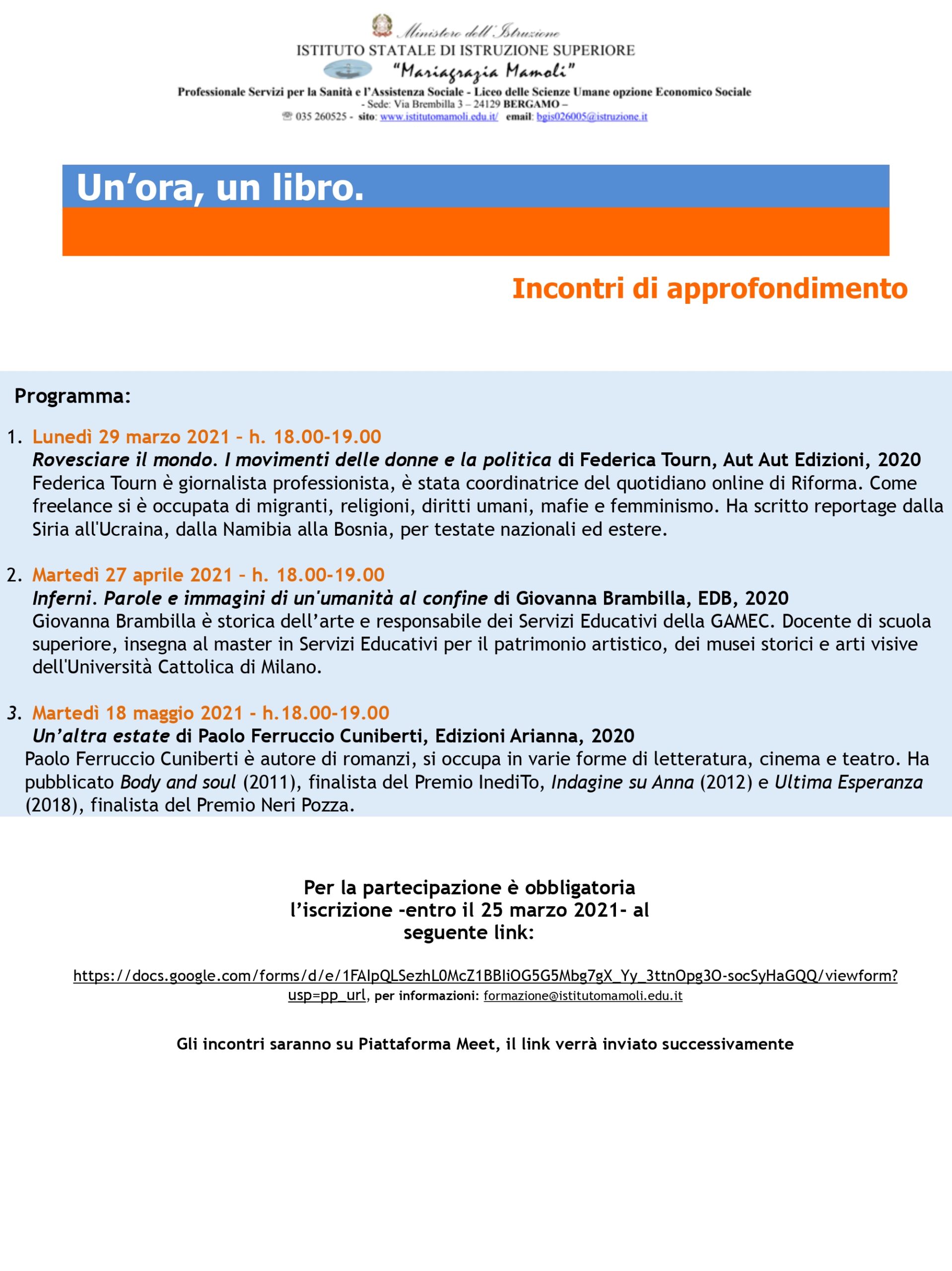 Locandina degli incontri di approfondimento Un'ora, un libro